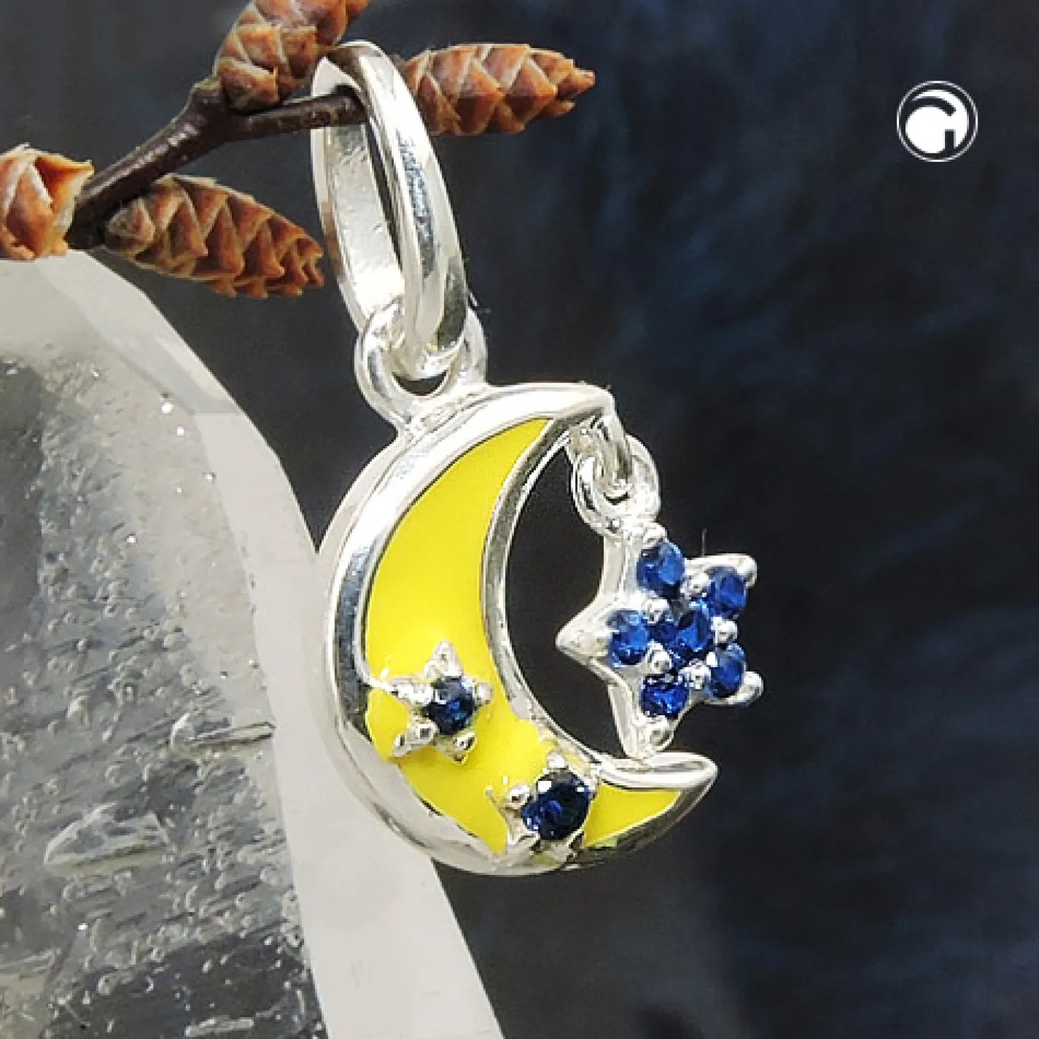 Anhänger 11x11mm Kinder gelbes Mond mit Sternchen aus blauen Zirkonia 925 Silber