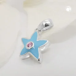 Anhänger 9x9mm Kinder Sternchen hellblau lakiert mit lila Zirkonia 925 Silber