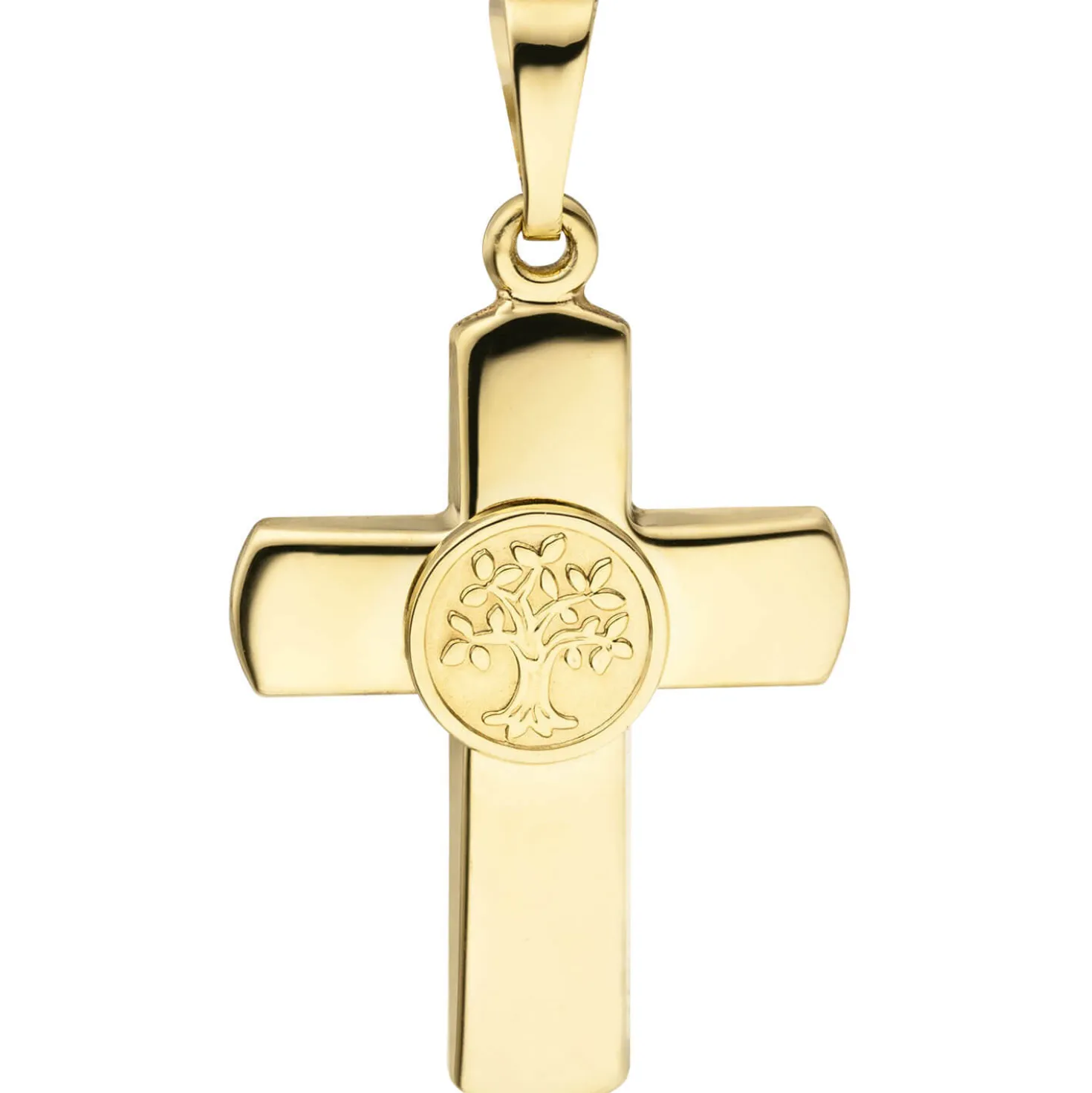 Anhänger 15x22,7mm Kreuz mit Lebensbaum in der Mitte 333 Gold Gelbgold teilmatt