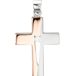 Anhänger 15,7x24,6mm Kreuz mit Zirkonia 925 Silber rotvergoldet Kreuzanhänger