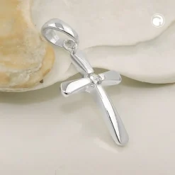 Anhänger 16x10mm leicht gebogenes Kreuz mit Zirkonia in der Mitte 925 Silber