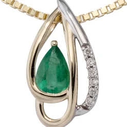 Anhänger 8,3x15,2mm mit 6 Diamanten 0.03Ct grüner Smaragd Tropfenform 585 Gold
