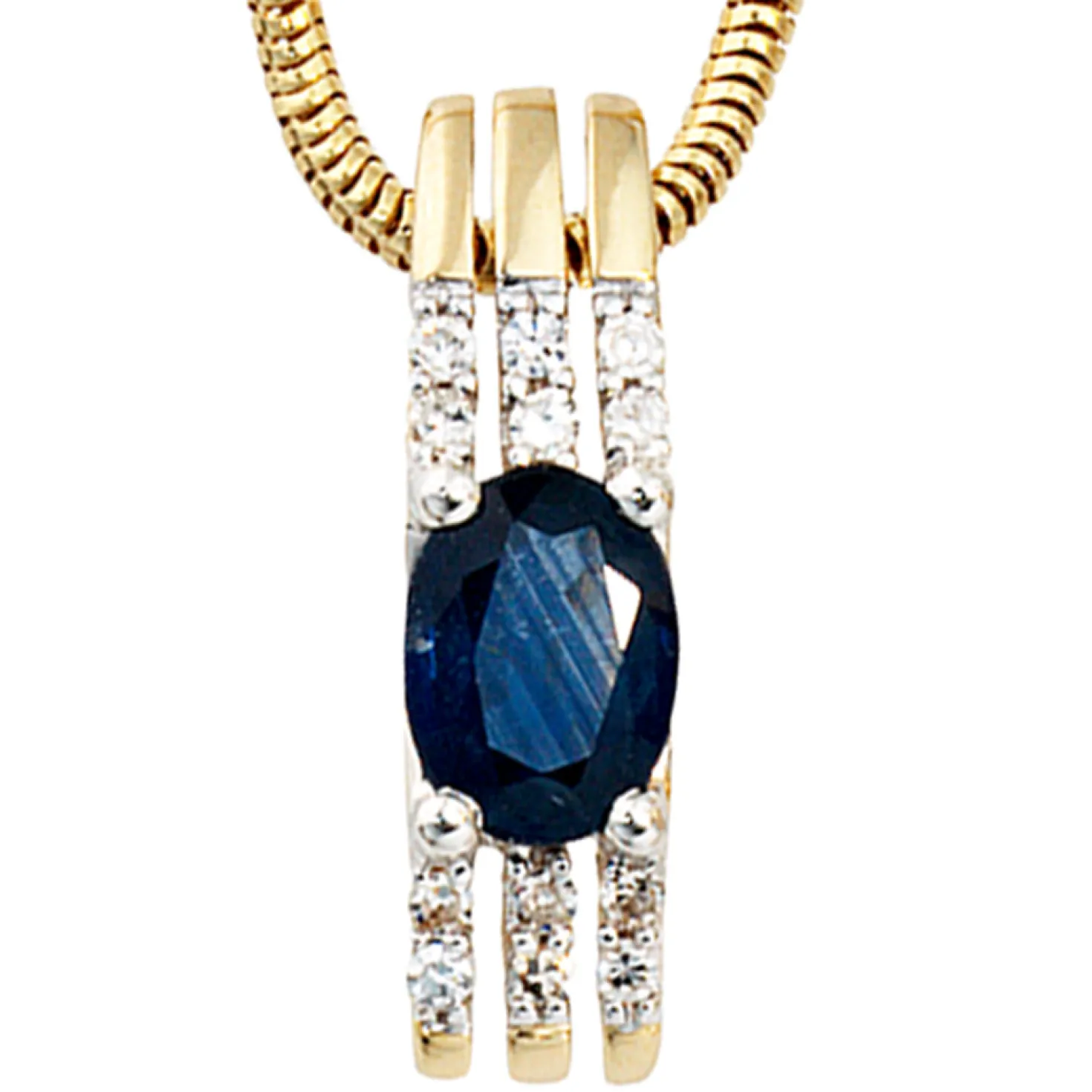 Anhänger 4,6x18mm mit 12 Diamanten 0.08Ct W/P1 Saphir Ovalform 585 Gold Gelbgold