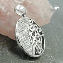 Anhänger 20x15mm mit Muster im Ovalform viele Zirkonia weiß 925 Silber