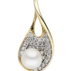 Anhänger 9,1x19,3mm mit Süßwasser-Perle & Zirkonia weiß aus 375 Gold Gelbgold