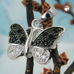 Anhänger 11x15mm Schmetterling mit schwarz weißen Zirkonia 925 Silber