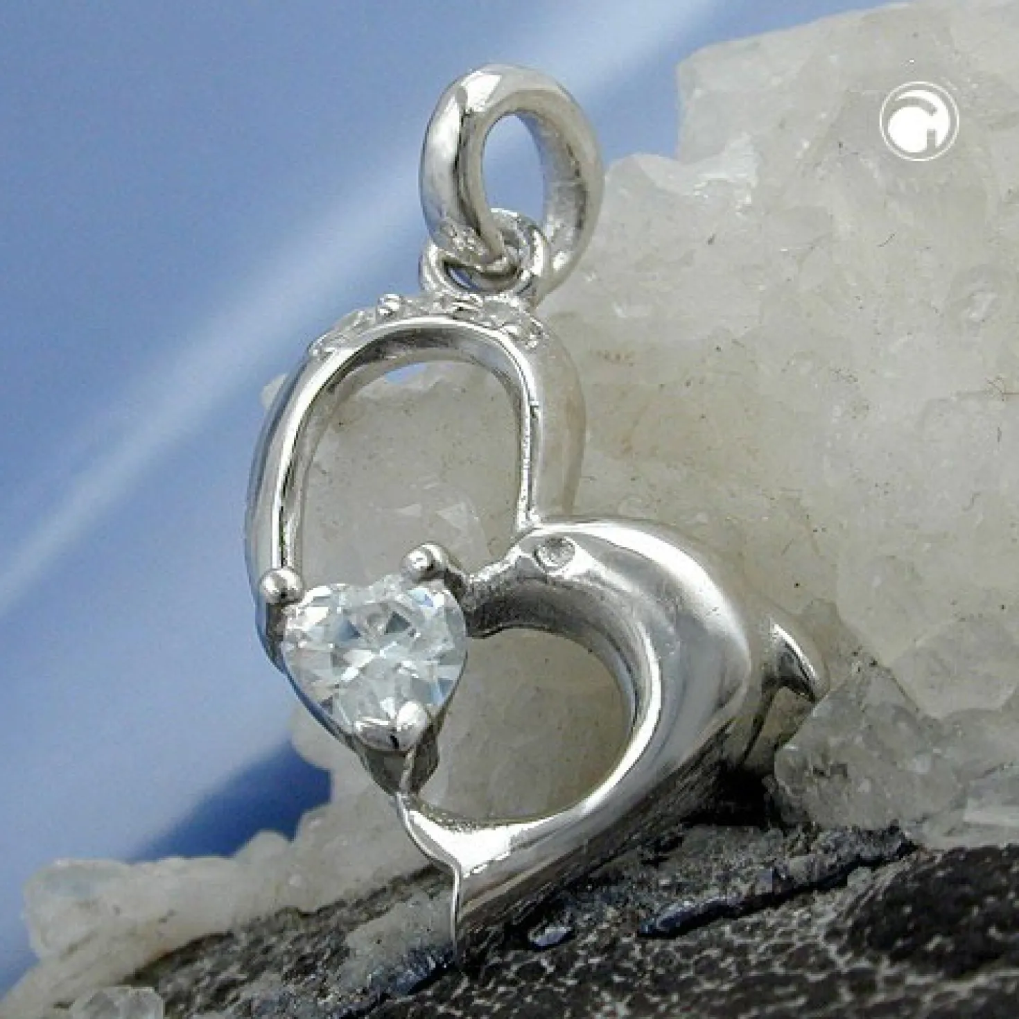 Anhänger 16x14mm Silberanhänger Delfin mit Zirkonia als Herz 925 Silber Damen