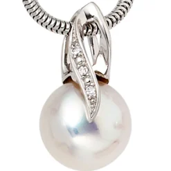 Anhänger 10,2x18mm Süßwasser Zuchtperle & 3 Diamanten 0.01Ct W/SI 585 Weißgold