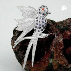 Anhänger 44x26mm Vogel mit lila violett Steinen aus echtem 925 Silber für Damen