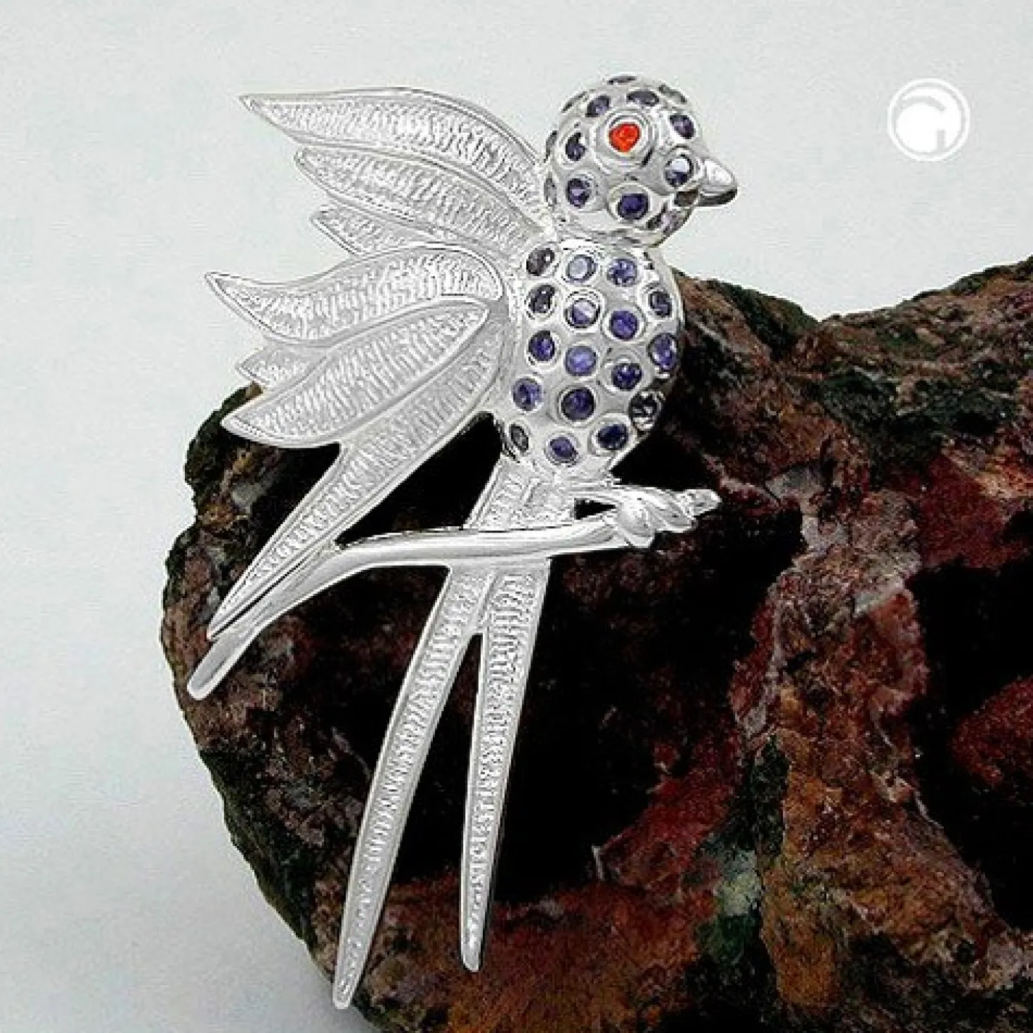Anhänger 44x26mm Vogel mit lila violett Steinen aus echtem 925 Silber für Damen