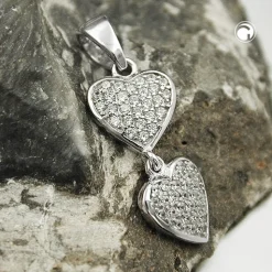 Anhänger 20x8mm zwei Herzen mit vielen Zirkonia weiß 925 Silber rhodiniert