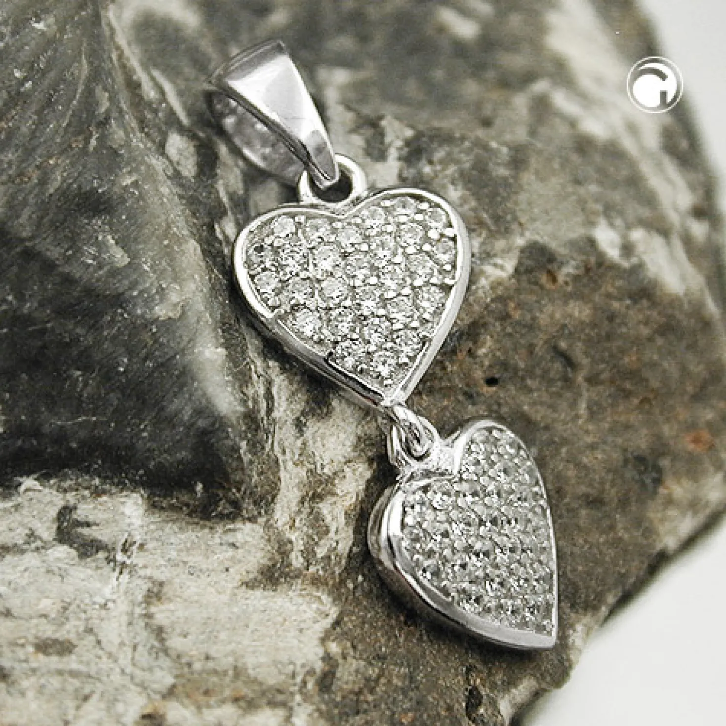 Anhänger 20x8mm zwei Herzen mit vielen Zirkonia weiß 925 Silber rhodiniert