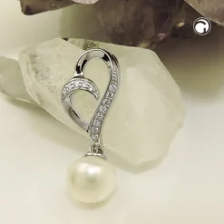Anhänger Zuchtperle mit Zirkonia 27x11mm aus 925 Silber rhodiniert glänzend