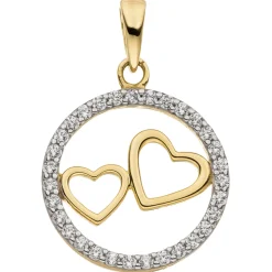 Anhänger Zwei Herzen im Kreis aus 333 Gold Gelbgold bicolor 31 Zirkonia Ø 15mm