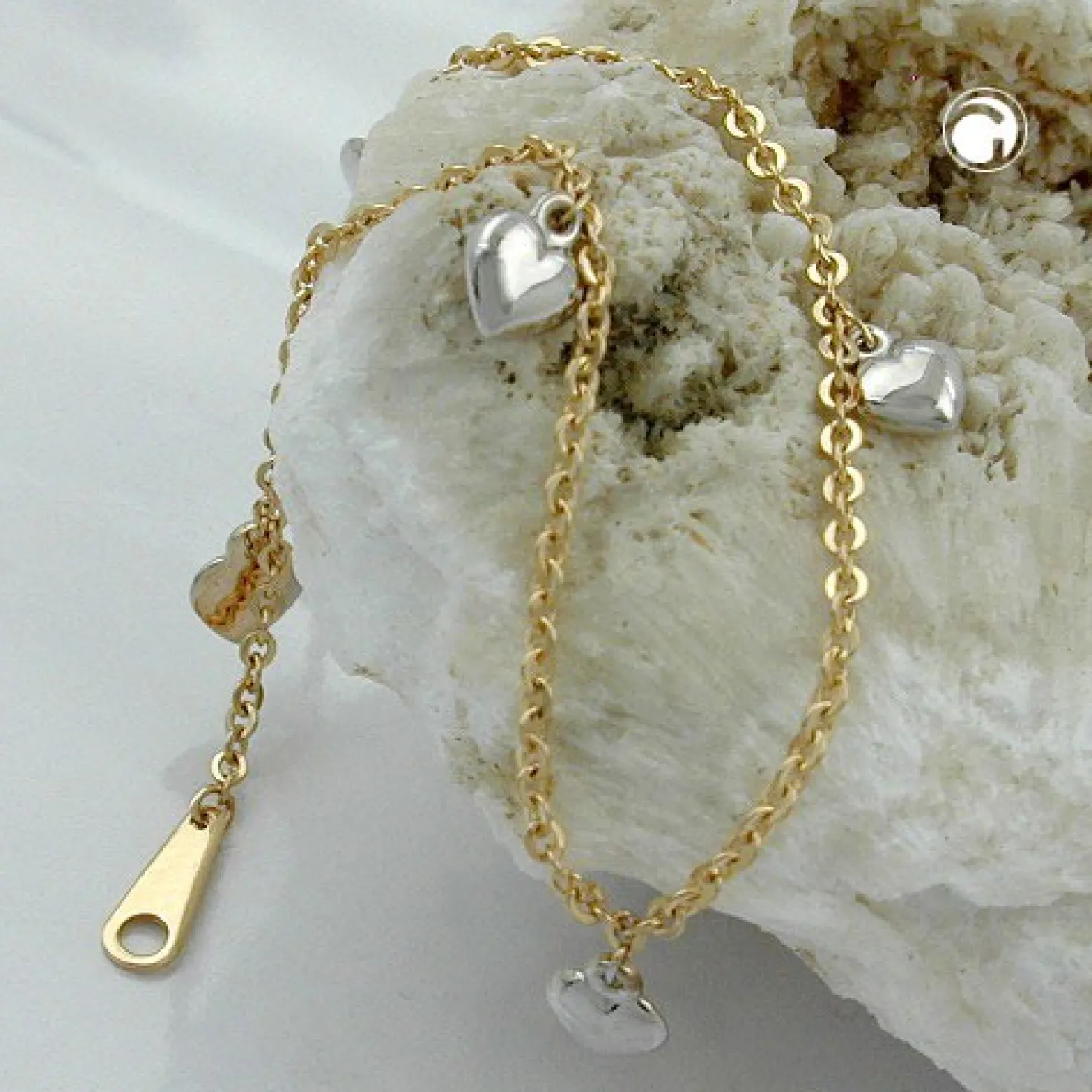 Armband Ankerkette mit 5 Herzen, 375 Gold Gelbgold, rhodiniert, 18,5cm