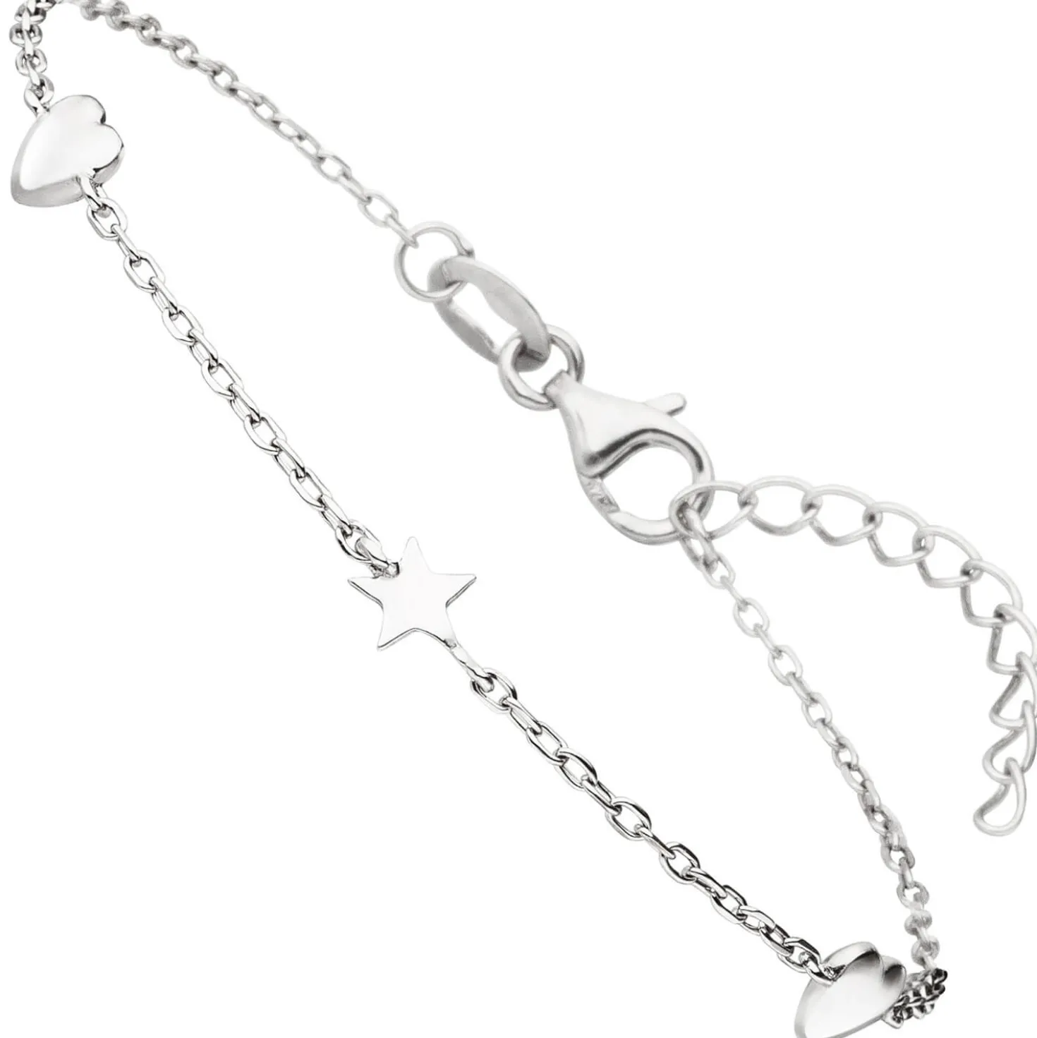 Armband Armkette Ankerkette 2 Herzen mit Stern 925 Silber rhodiniert 16-19cm