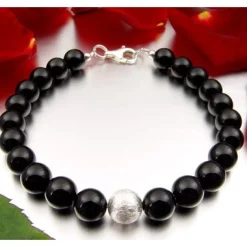 Armband Armkette Armschmuck aus echtem Onyx schwarz & 925 Silber Kugel Damen