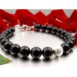 Armband Armkette Armschmuck aus echtem Onyx schwarz & 925 Silber Kugel Damen