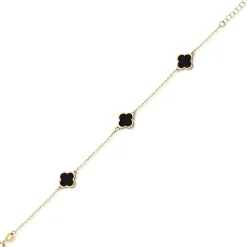 Armband Armkette 3 Kleeblatt-Blumen mit Onyx schwarz 585 Gold Gelbgold 20cm