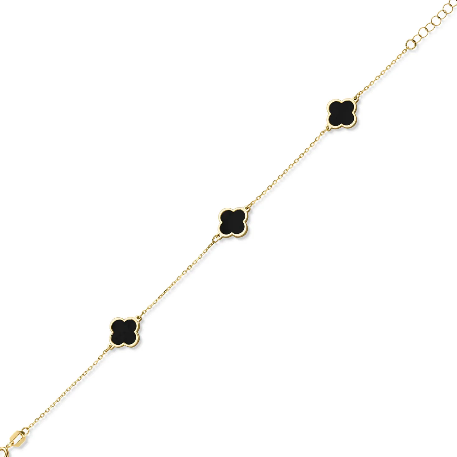Armband Armkette 3 Kleeblatt-Blumen mit Onyx schwarz 585 Gold Gelbgold 20cm