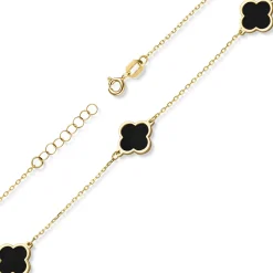Armband Armkette 3 Kleeblatt-Blumen mit Onyx schwarz 585 Gold Gelbgold 20cm