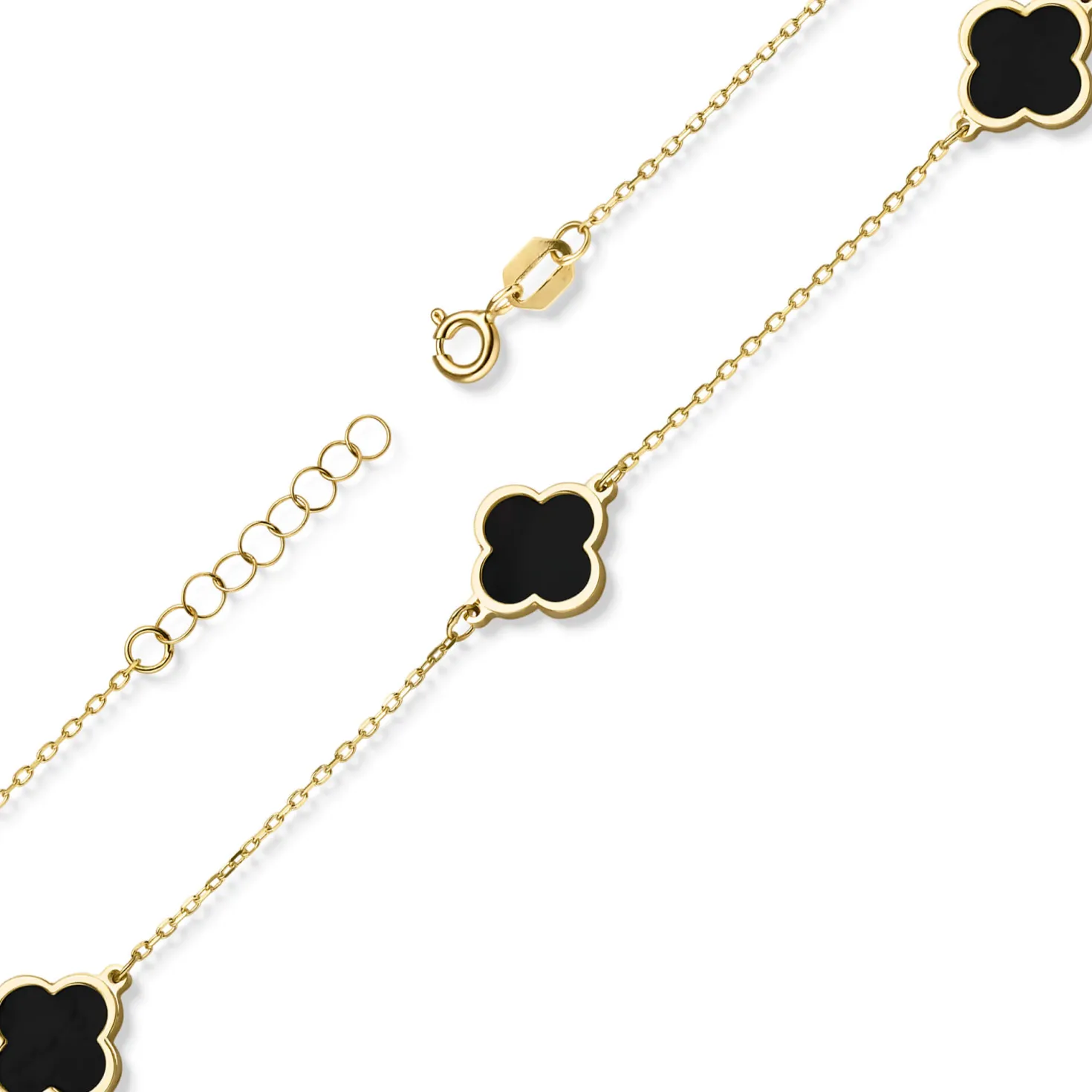 Armband Armkette 3 Kleeblatt-Blumen mit Onyx schwarz 585 Gold Gelbgold 20cm