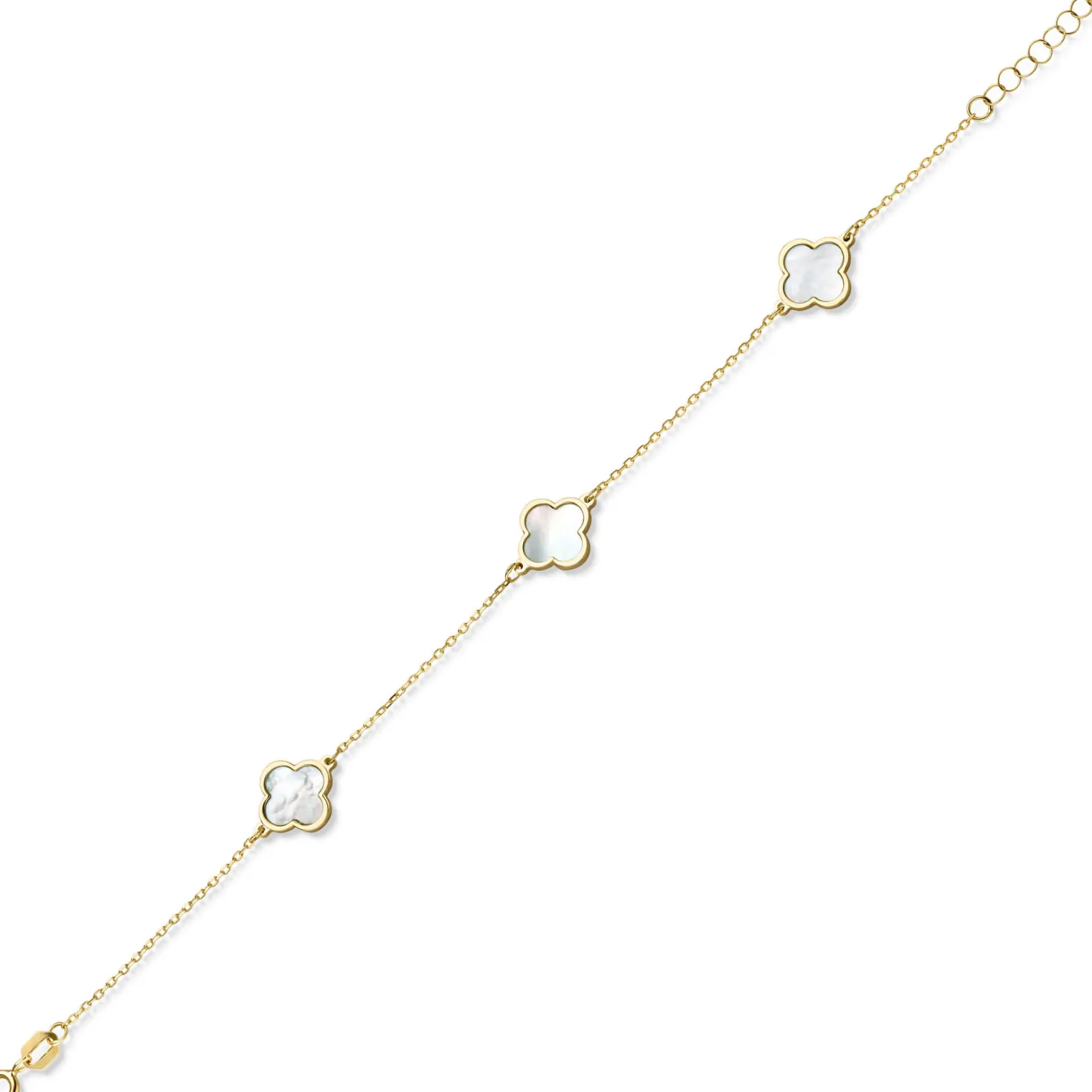 Armband Armkette 3 Kleeblatt-Blumen mit Perlmutt 585 Gold Gelbgold 20cm