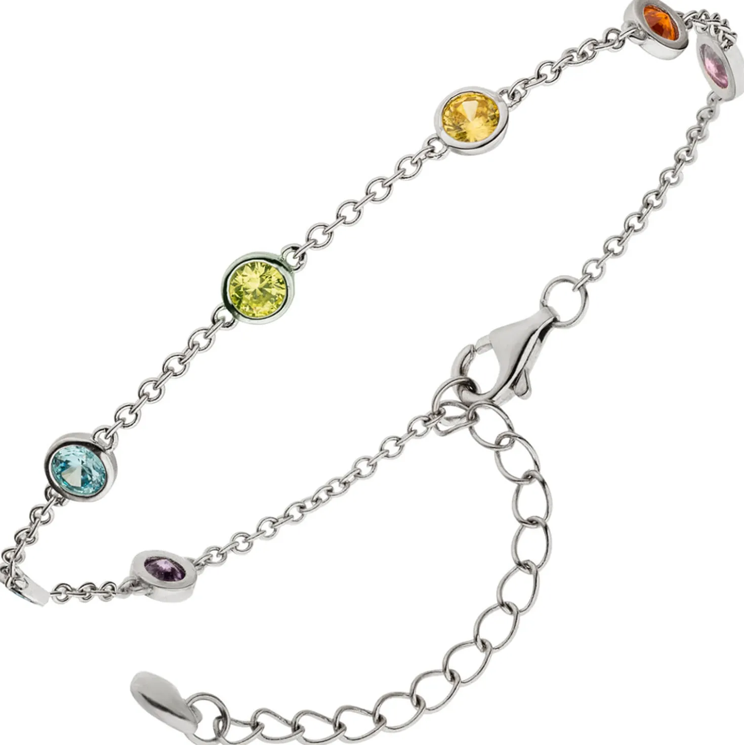 Armband Armkette mit 7 Zirkonia bunt 925 Silber rhodiniert 15-19,5cm