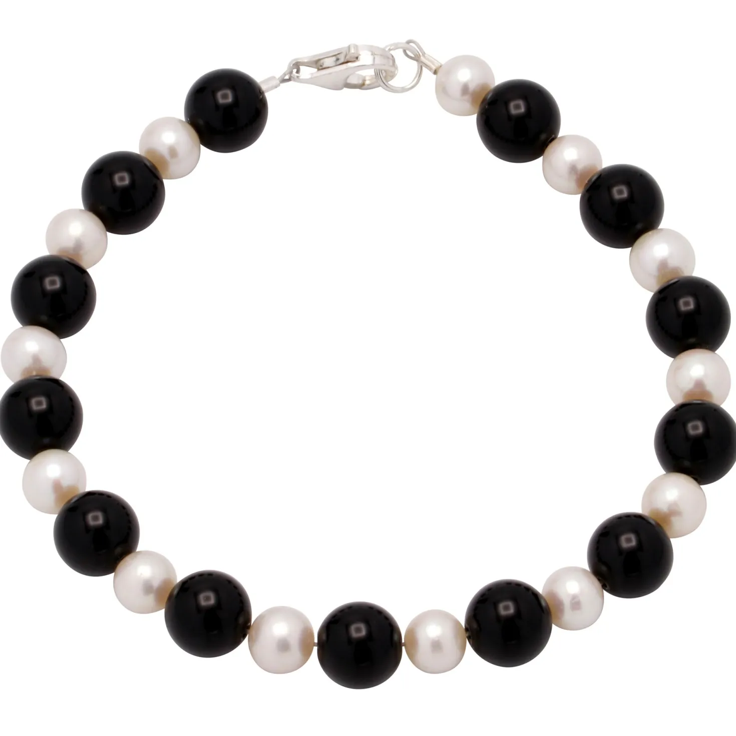 Armband Armschmuck aus Onyx & Süßwasserperlen & 925 Silber, schwarz-weiß