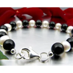 Armband Armschmuck aus Onyx & Süßwasserperlen & 925 Silber, schwarz-weiß