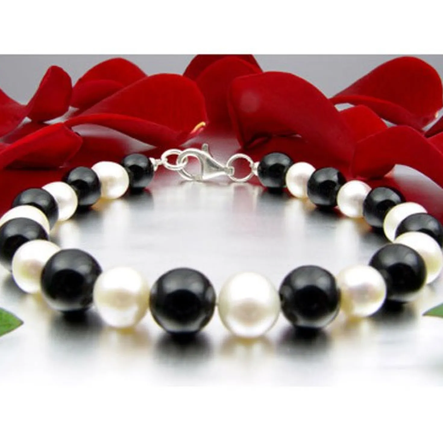 Armband Armschmuck aus Onyx & Süßwasserperlen & 925 Silber, schwarz-weiß