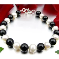 Armband Armschmuck aus Onyx & Süßwasserperlen & 925 Silber, schwarz-weiß