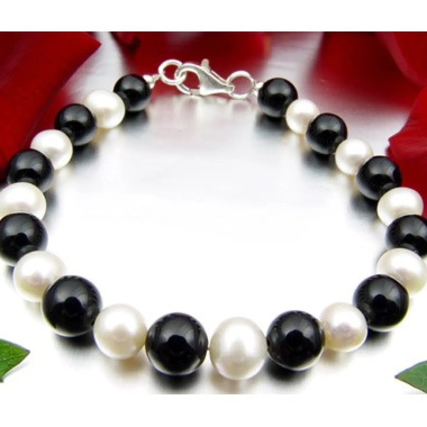 Armband Armschmuck aus Onyx & Süßwasserperlen & 925 Silber, schwarz-weiß