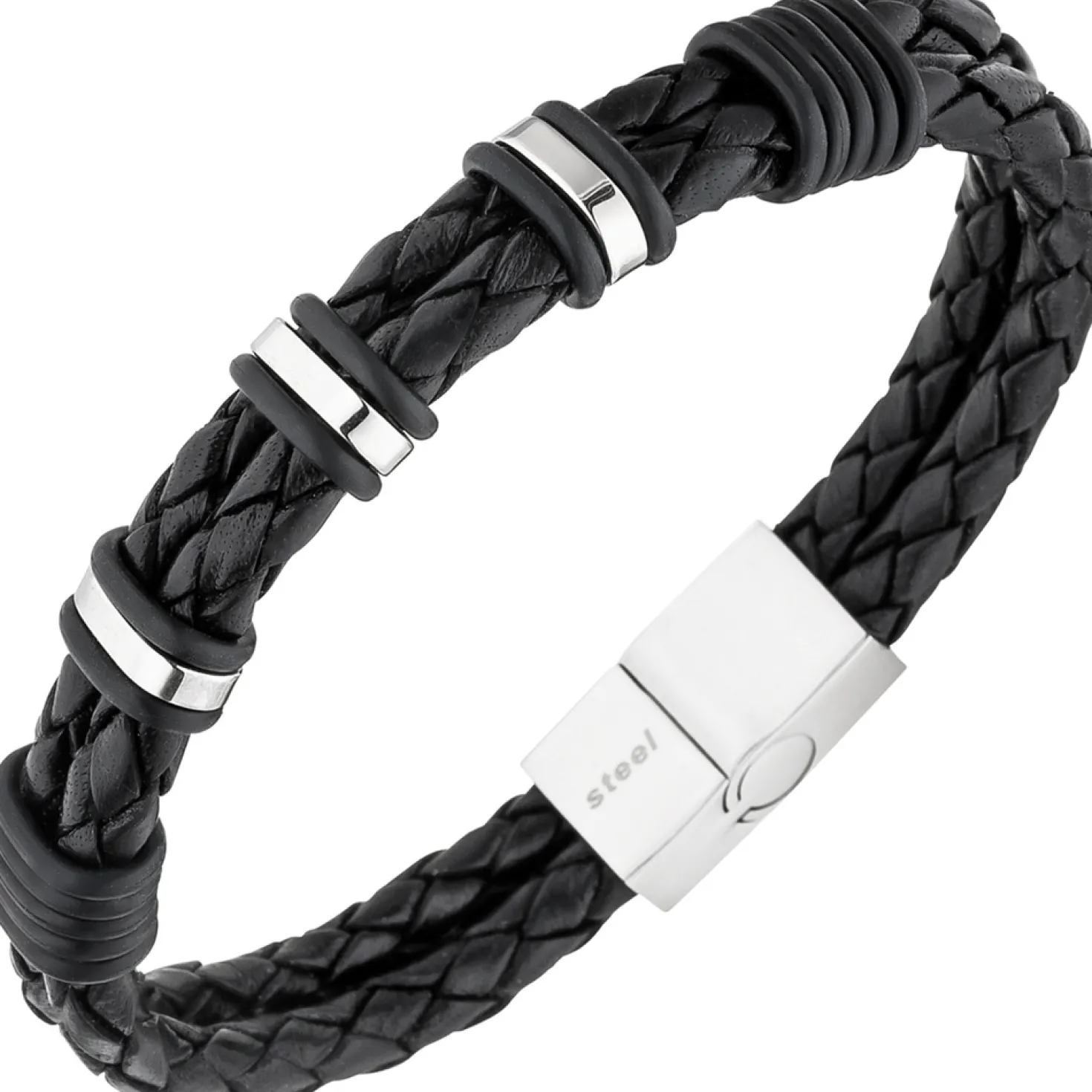 Armband Armschmuck für Herren 2-reihig Leder schwarz mit Edelstahl 21cm
