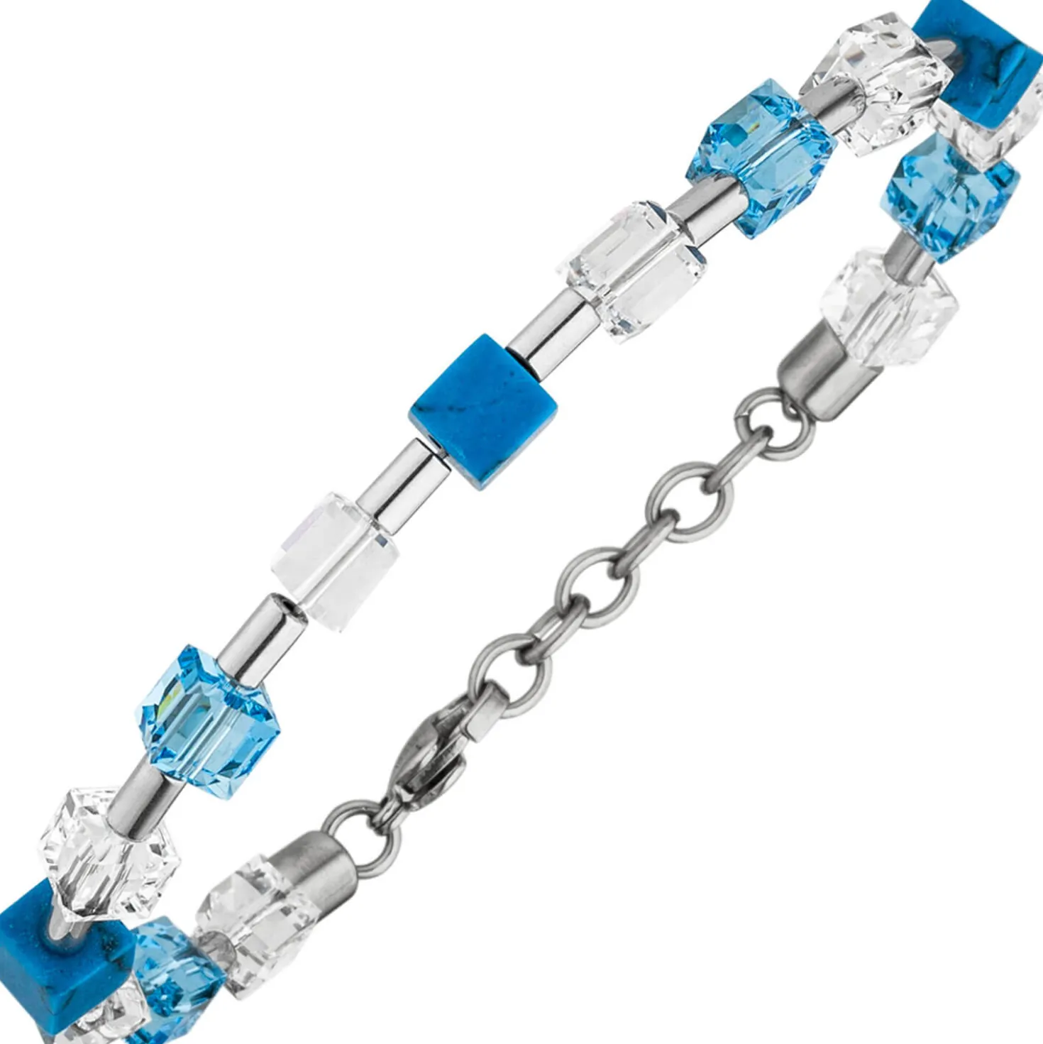 Armband Armschmuck Kristallsteine Türkis-Würfel & Zylinder aus Edelstahl 19-21cm