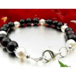 Armband aus echtem Onyx & Perlen & 925er Silber