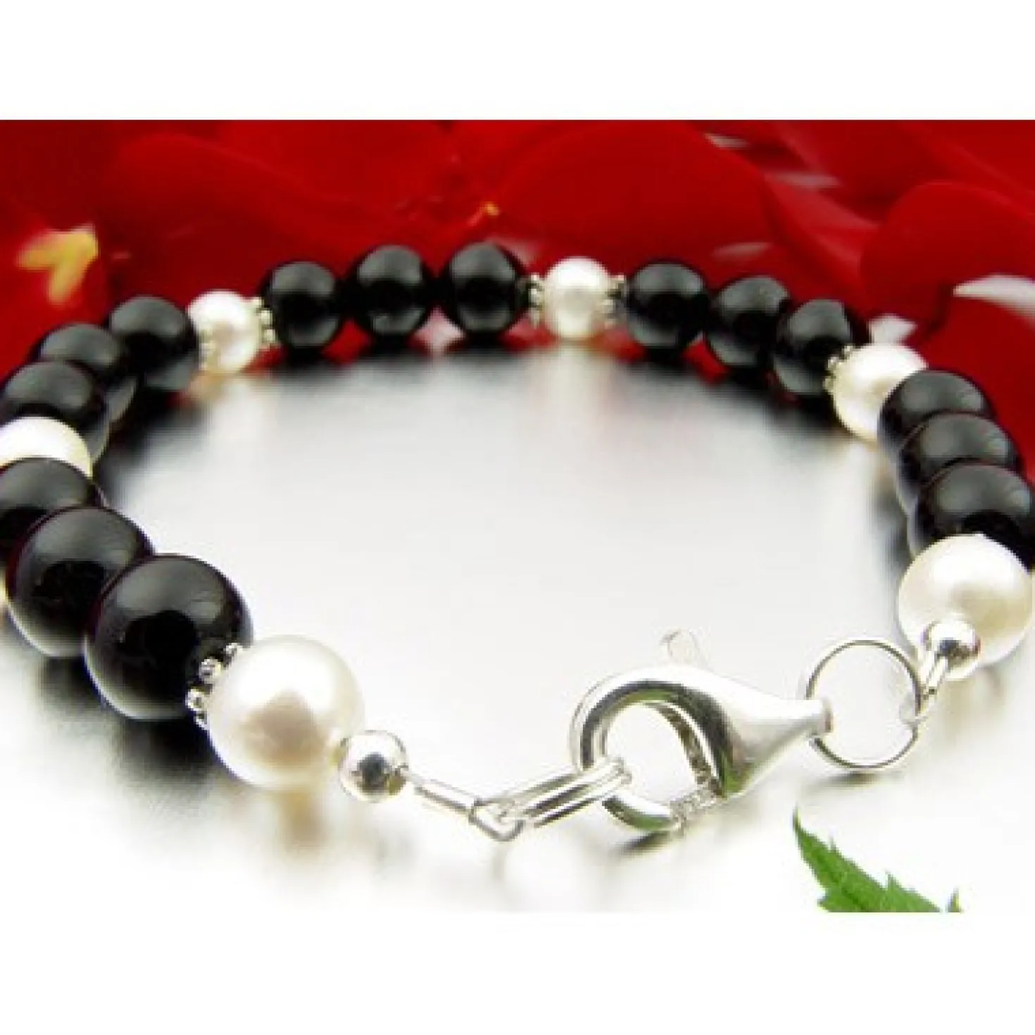 Armband aus echtem Onyx & Perlen & 925er Silber