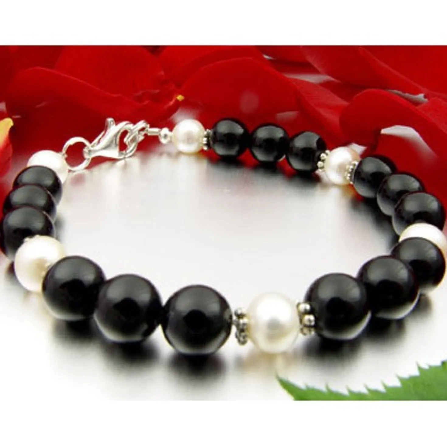 Armband aus echtem Onyx & Perlen & 925er Silber