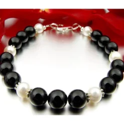 Armband aus echtem Onyx & Perlen & 925er Silber