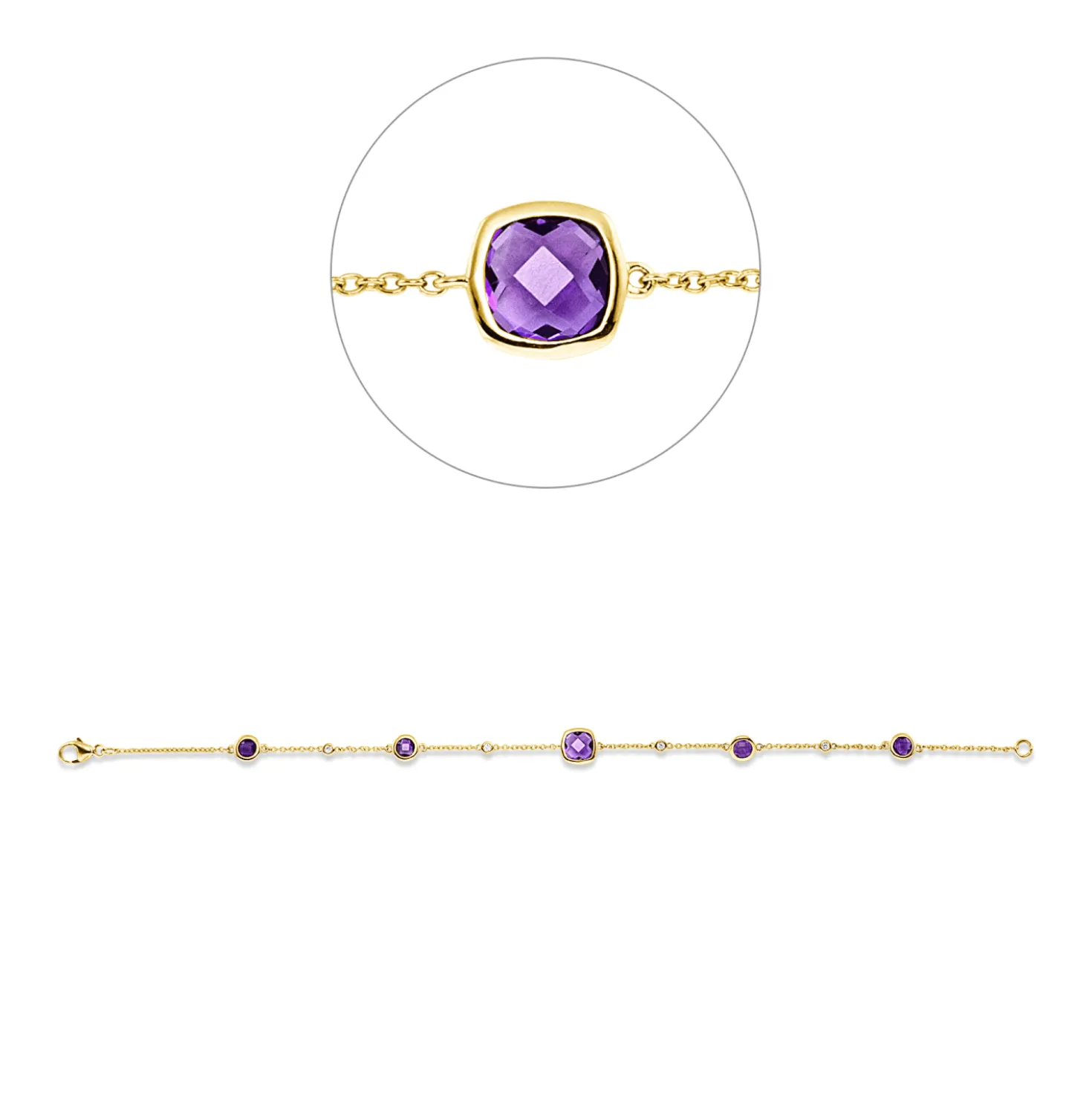 Armband aus 750 Gelbgold 5 Amethyste 1,85ct lila 4 Brillanten 0,06ct TW-SI L:19cm