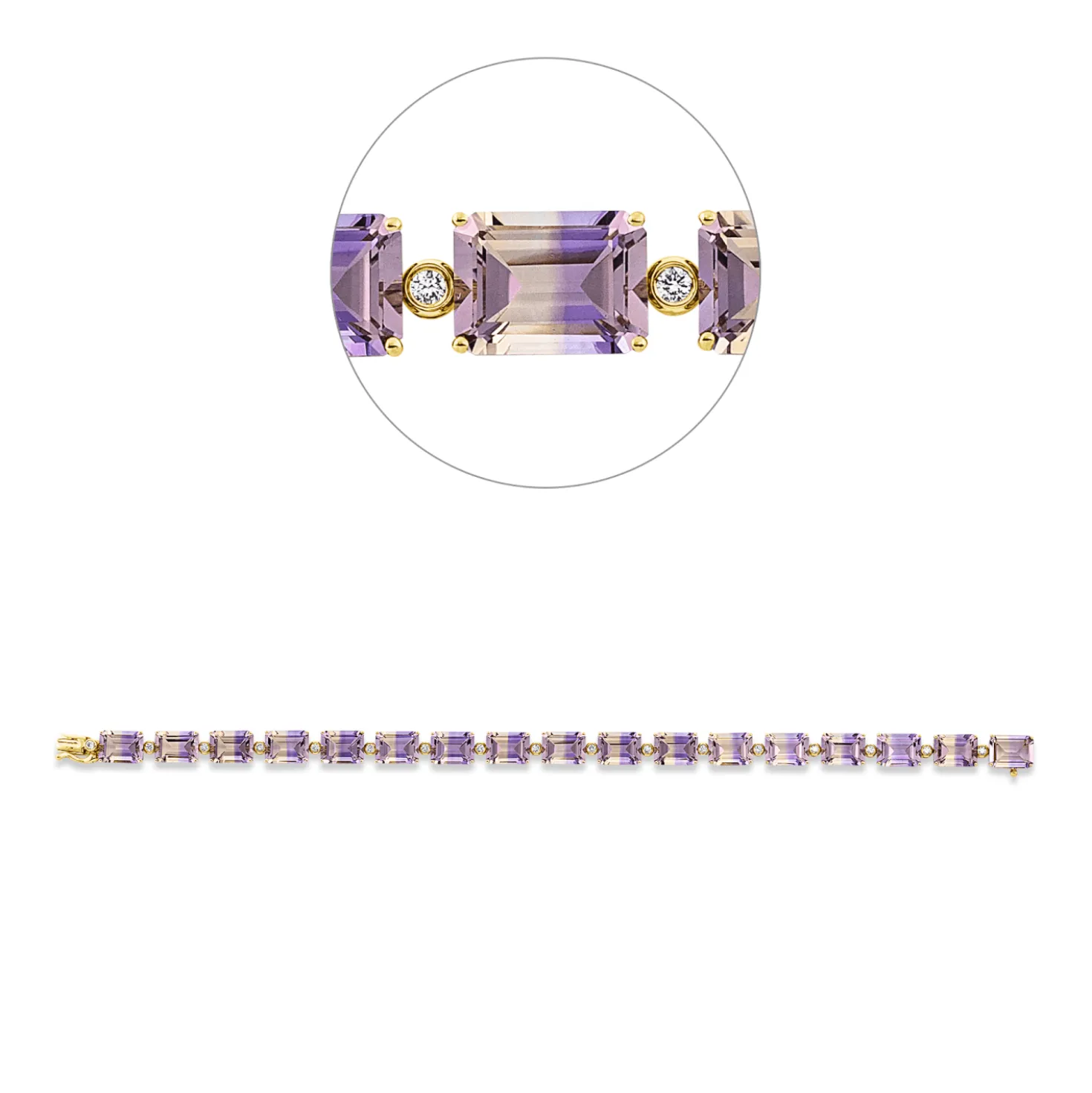 Armband aus 750 Gelbgold 17 Ametrine 24,5ct gelb-lila 17 Brillanten 0,3ct TW-SI