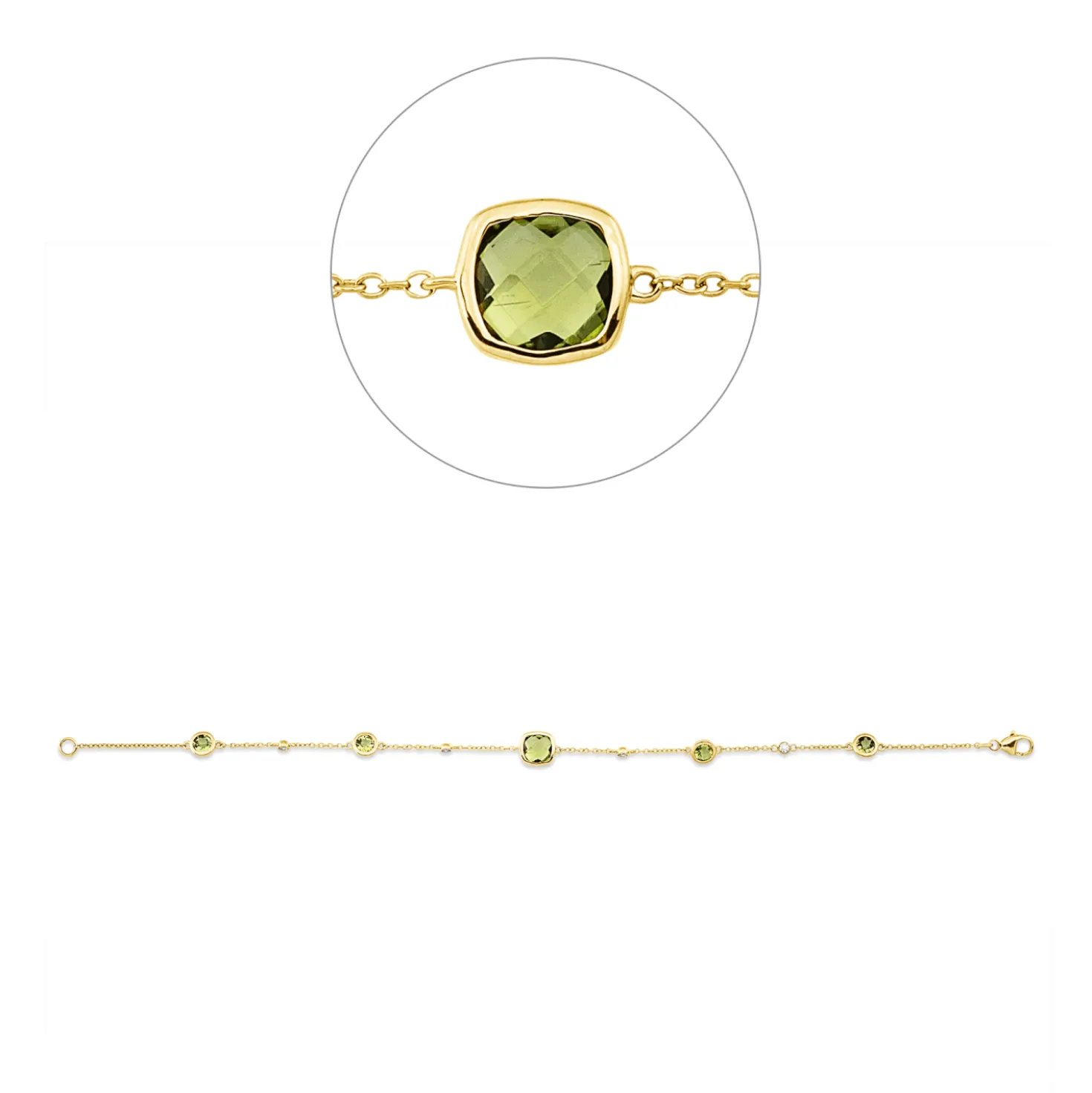 Armband aus 750 Gelbgold 5 Peridote 2,13ct 4 Brillanten 0,06ct TW-SI B:6,7mm L:19cm