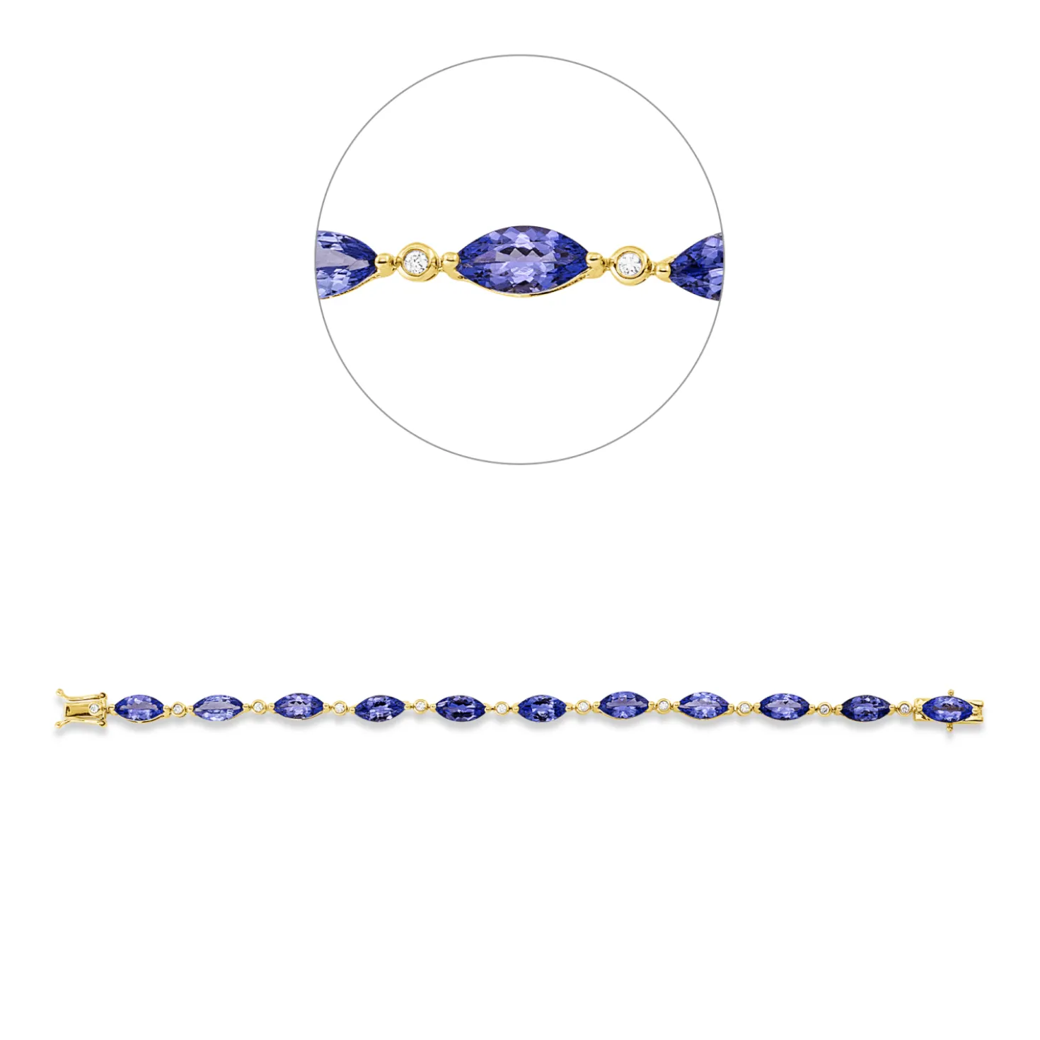 Armband aus 585 Gelbgold 11 Tansanite 11,38ct blau 11 Brillanten 0,18ct TW-SI