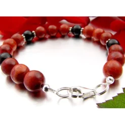 Armband aus Koralle Schaumkoralle & Onyx & 925er Silber, rot schwarz