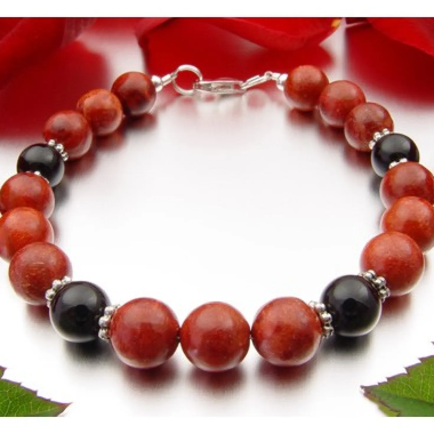 Armband aus Koralle Schaumkoralle & Onyx & 925er Silber, rot schwarz