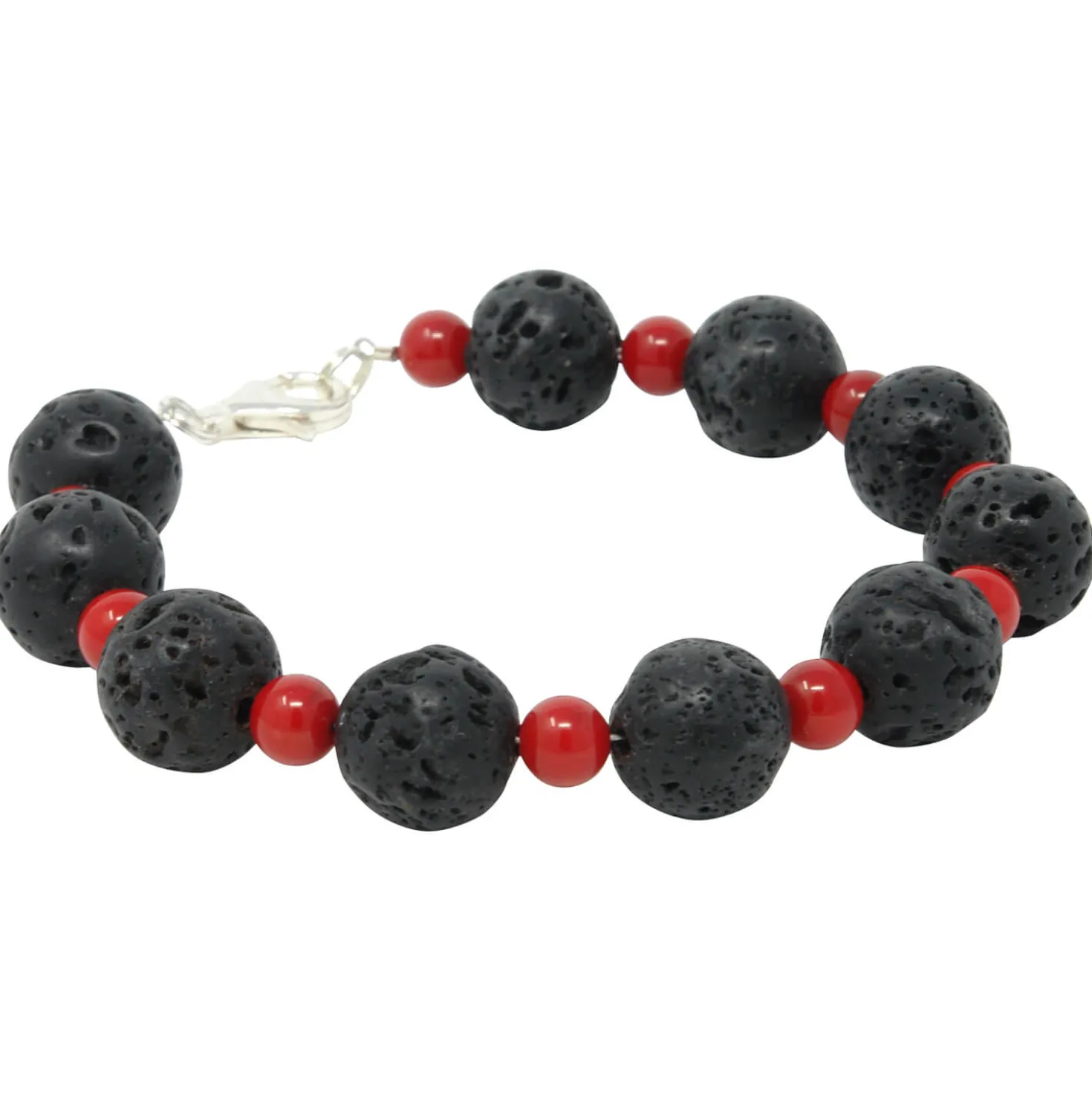 Armband aus Lava & Koralle schwarz-rot 925 Silber 21cm Armkette Kugelarmband