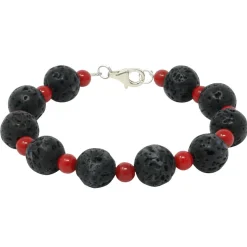Armband aus Lava & Koralle schwarz-rot 925 Silber 21cm Armkette Kugelarmband