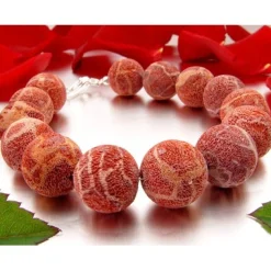 Armband aus Natur-Koralle 14mm Kugel mit Poren 925 Silber rot-orange Armschmuck