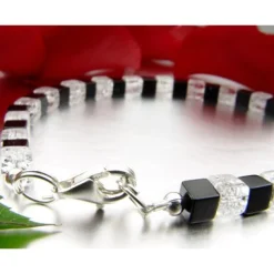 Armband aus Onyx & Bergkristall & 925 Silber, schwarz weiß, Würfel