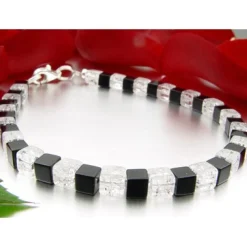 Armband aus Onyx & Bergkristall & 925 Silber, schwarz weiß, Würfel